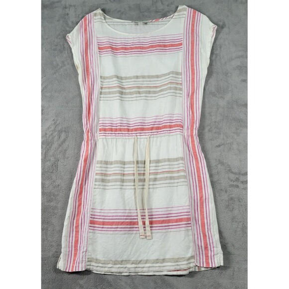 LOFT Dresses & Skirts - Ann Taylor Loft Blouson Mini Dress Beige Pink Stripe Sz S 100% Linen Drawstring